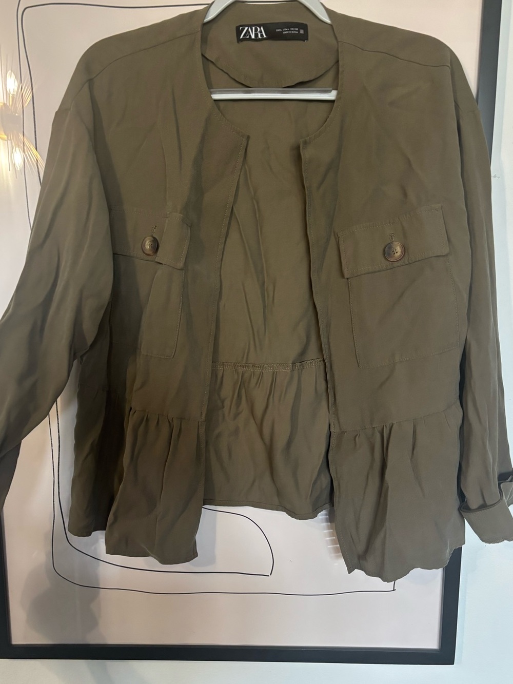 ZARA Olive Utility Jacket with Ruffle Hem